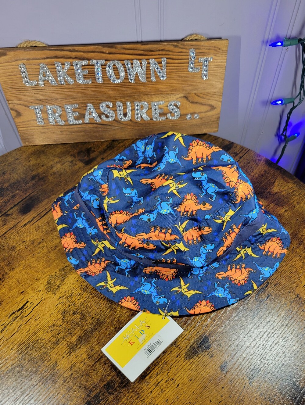 Scala kids 4-6x 9 Navy Bucket Hat with Blue & Orange Dinosaurs